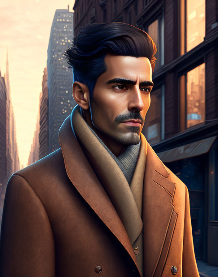 Stylish man with dark hair and beard in tan overcoat and turtleneck against city backdrop