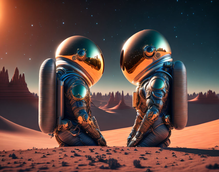 Reflective futuristic robots in desert under alien sky