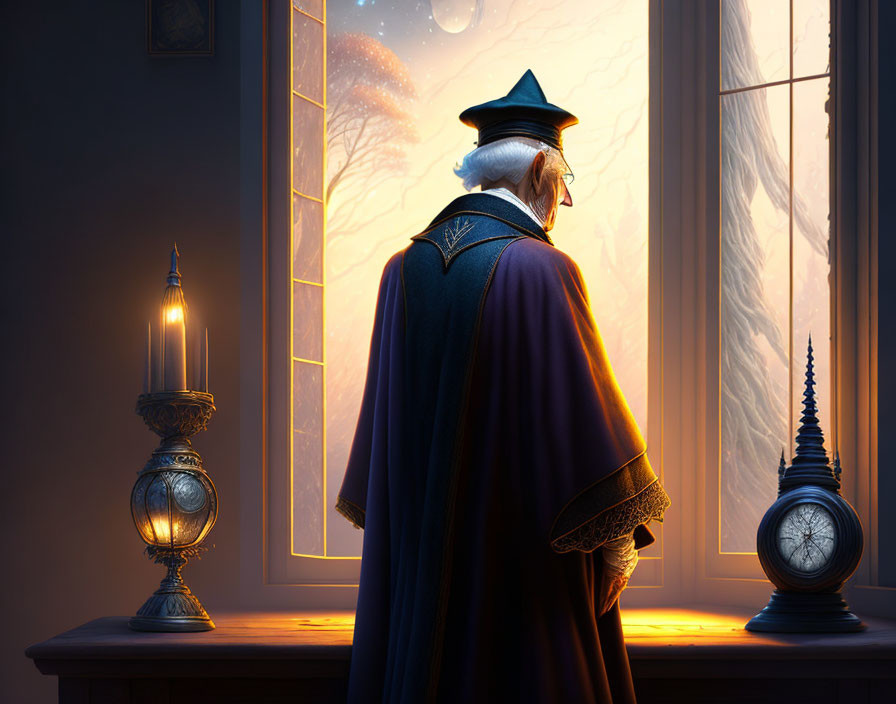 Elderly wizard gazes out window at night with candle and clock