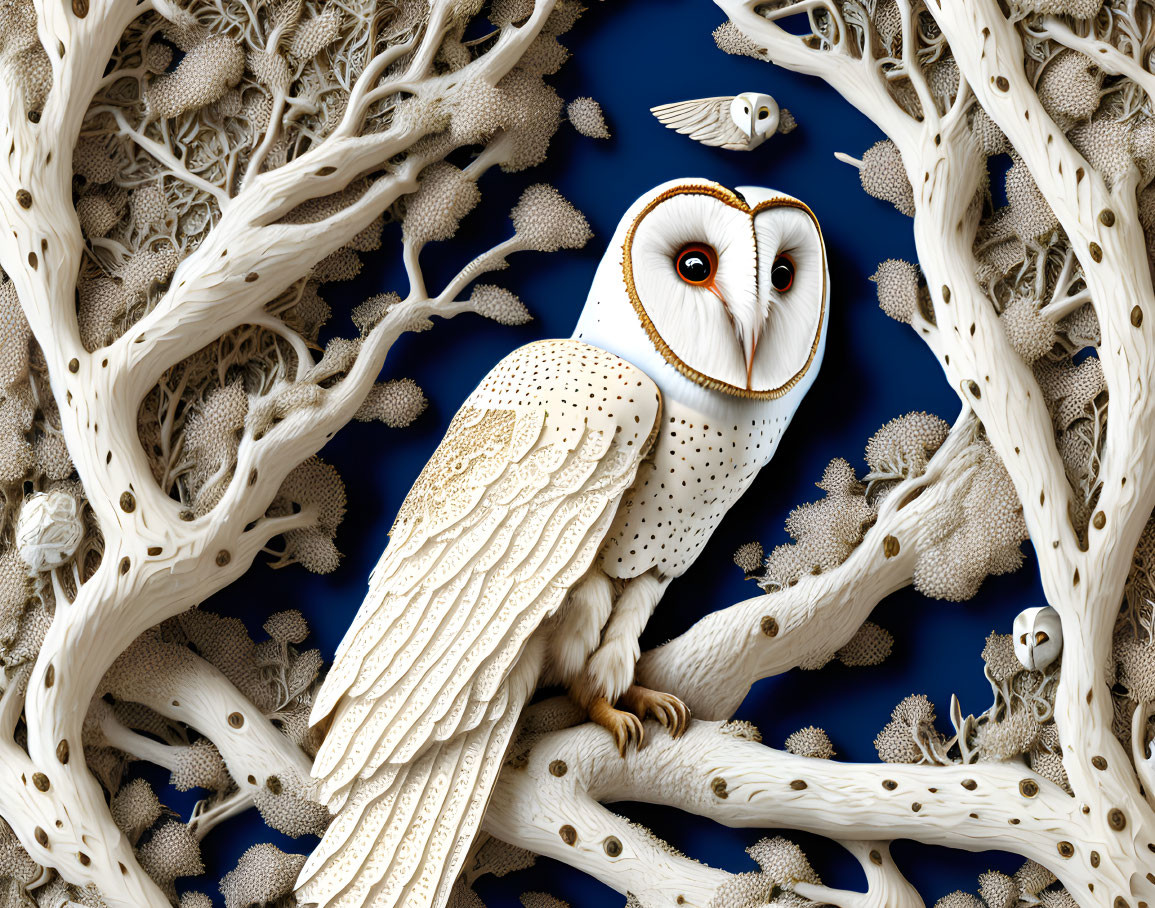 White Owl with Orange Eyes Perched on Branch Among Intertwining Roots