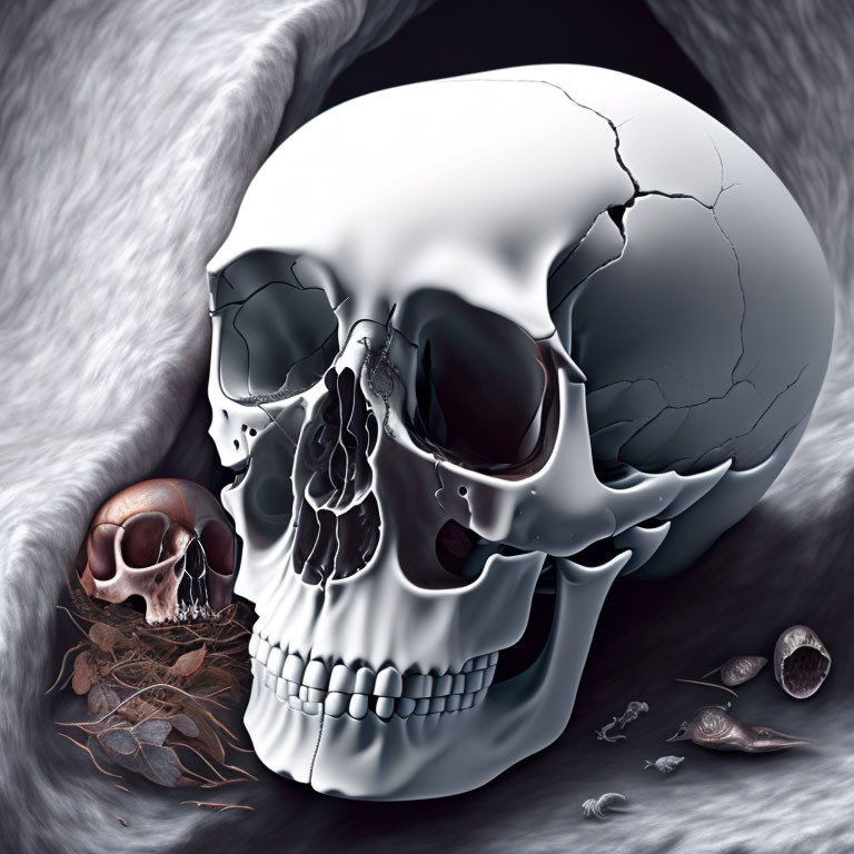 Digital painting featuring large cracked human skull with primate skull, bones, and snail shells on dark