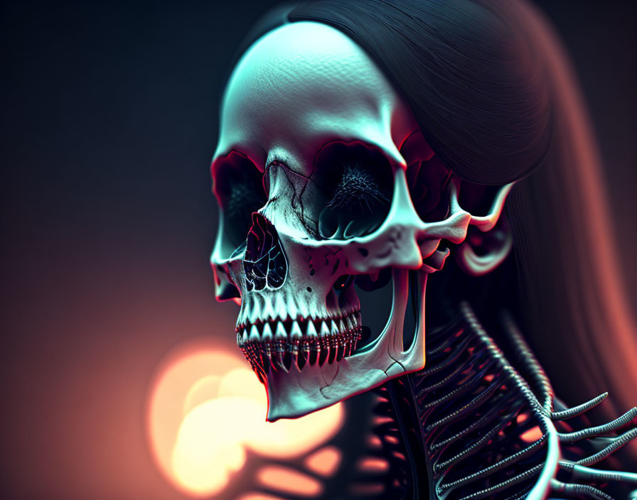 Stylized human skull with jawbone and hair on dark, blurred backdrop