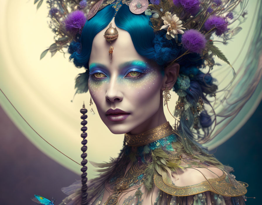 Blue-skinned woman with floral headpieces and galaxy makeup