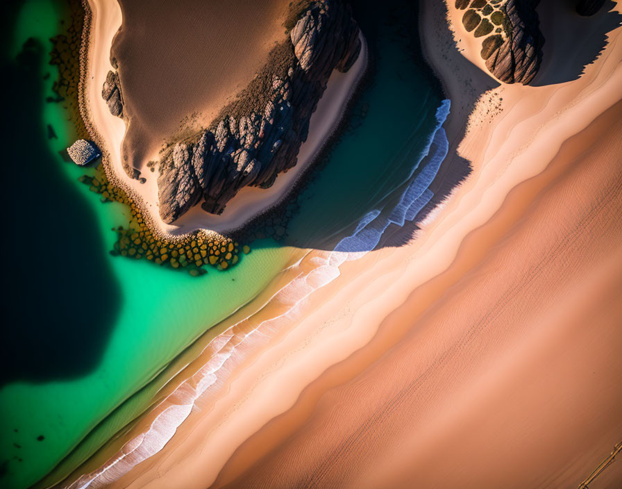 Golden sand dunes meet vibrant turquoise waters in stunning aerial view