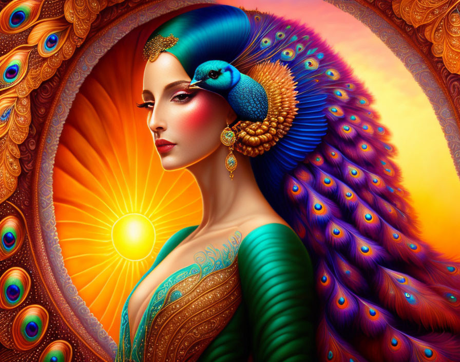 Colorful Woman with Peacock Accessories Against Feather Background