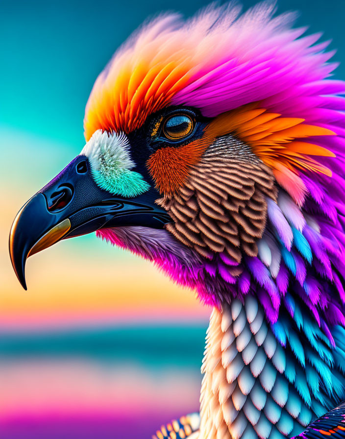 Colorful digital art: Eagle with intricate feather pattern in orange, purple, and blue.