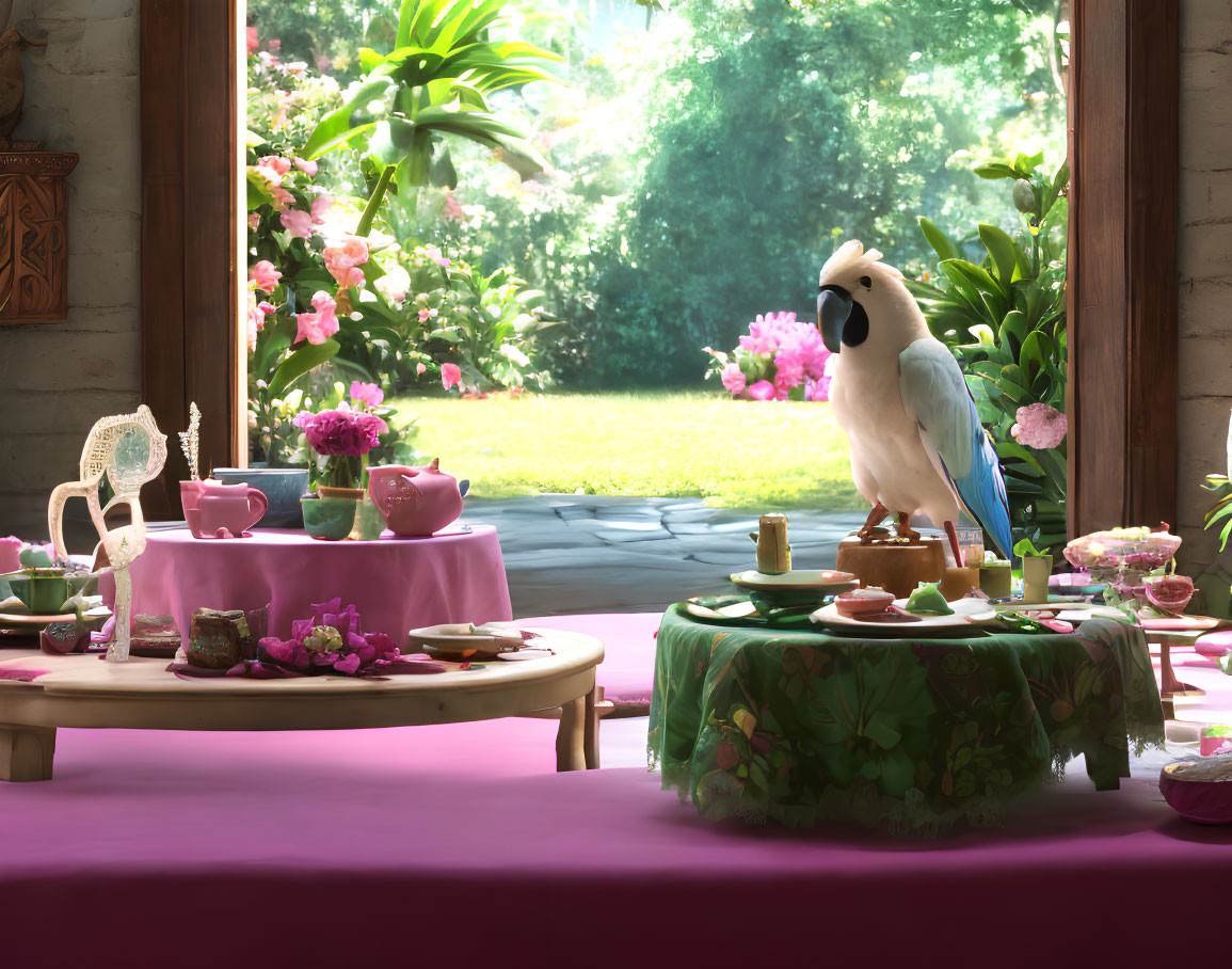 Colorful Parrot on Table with Tea and Cakes in Bright Room