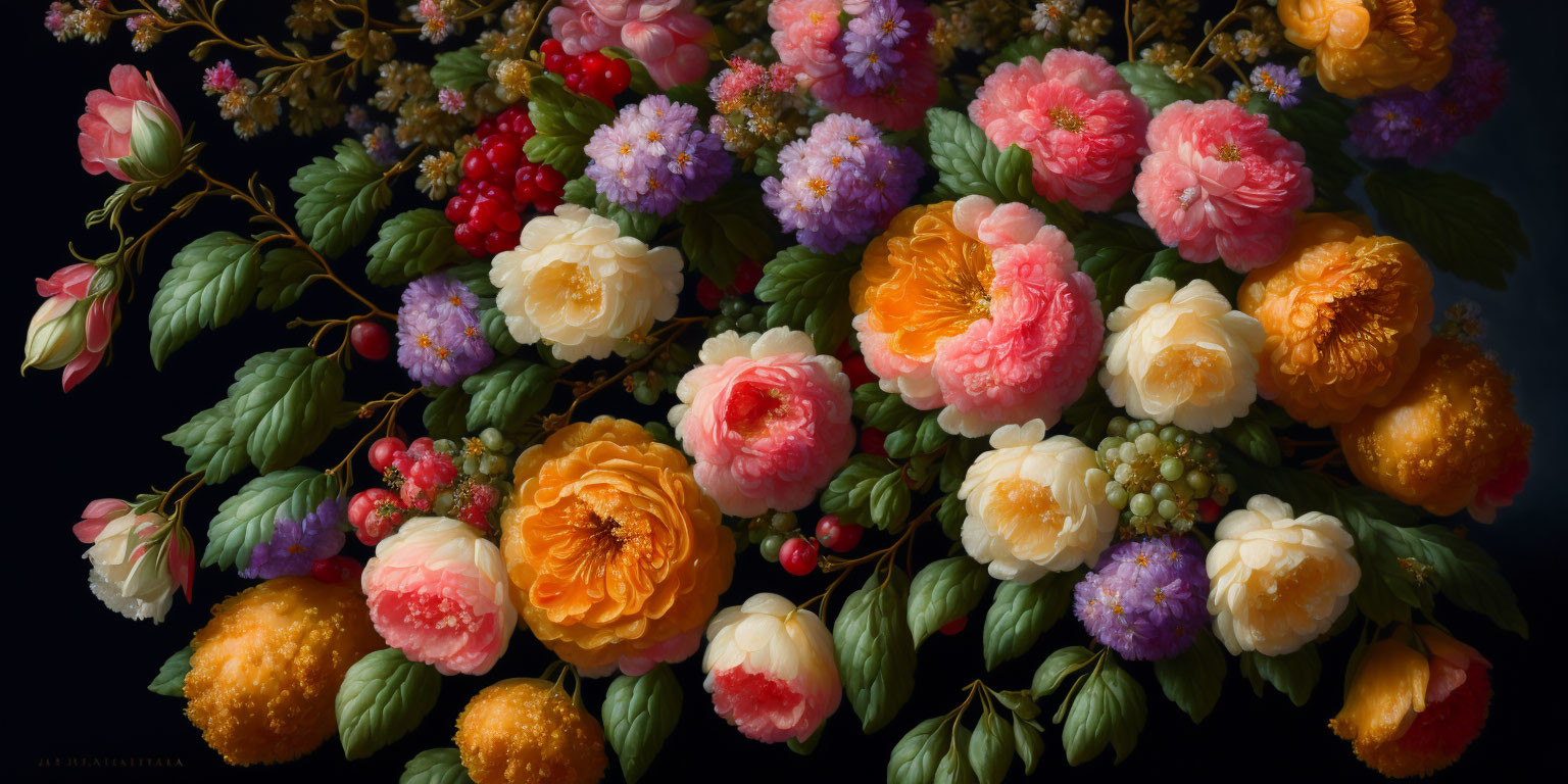 Multicolored flowers, green leaves, and berries on dark background