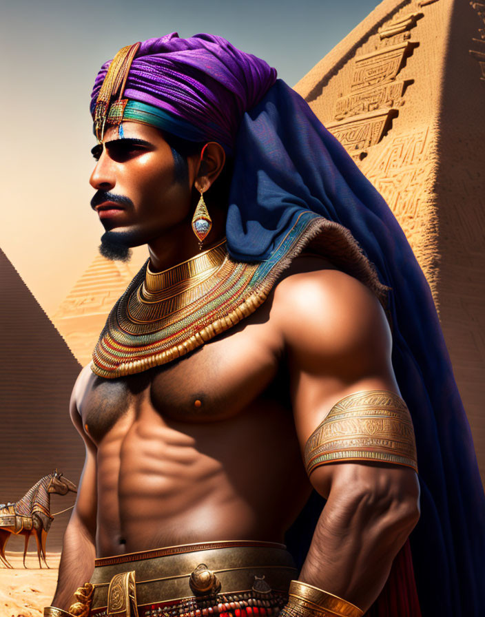 Ancient Egyptian man with purple headcloth and gold jewelry on pyramid backdrop