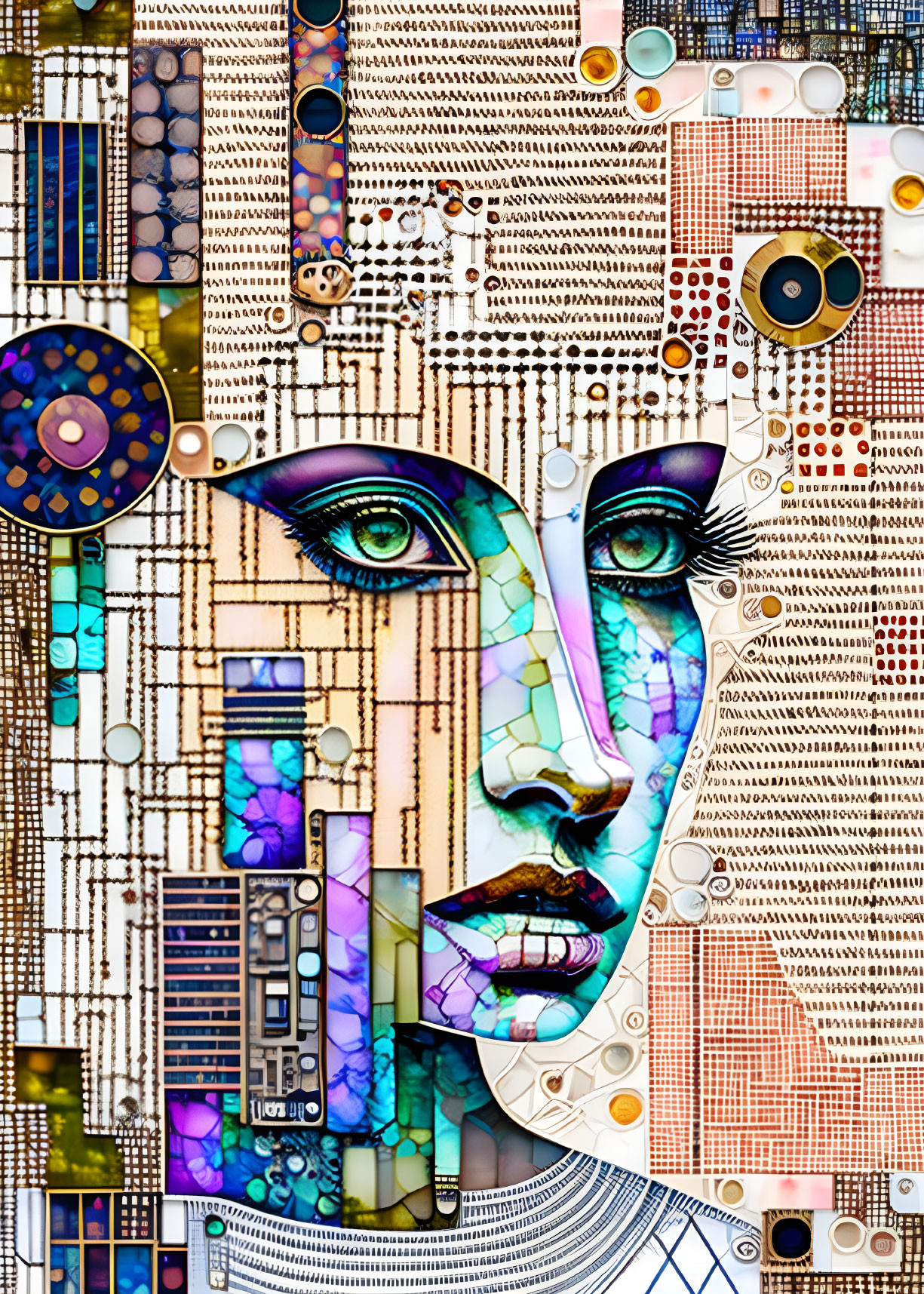 Vibrant digital mosaic portrait of a woman with geometric patterns