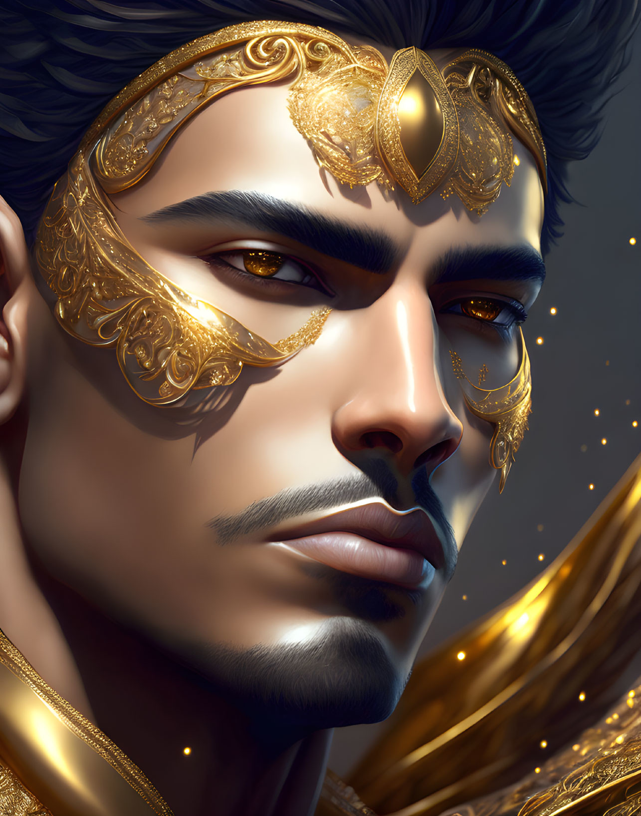 Detailed digital artwork: man in golden ornate facial armor, textures, reflective surfaces