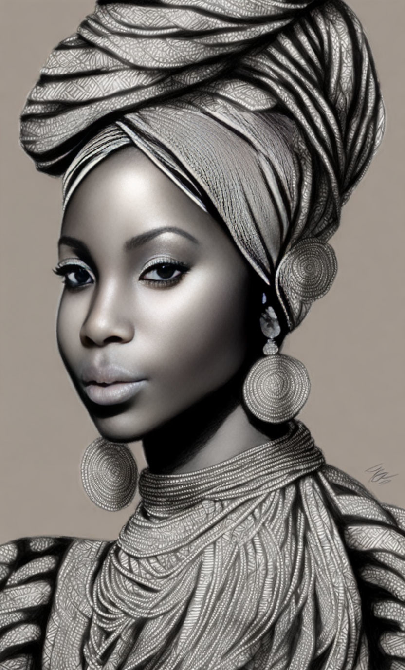 Monochromatic portrait of woman with turban, textured clothing, and circular earrings