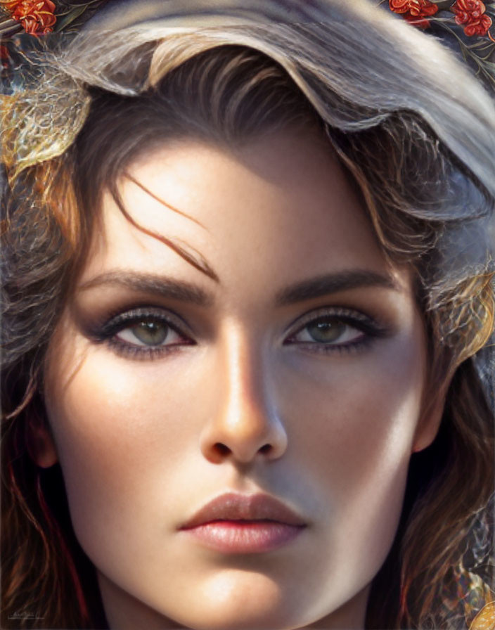 Detailed digital portrait of woman with green eyes, full lips, wavy hair, golden headwear,