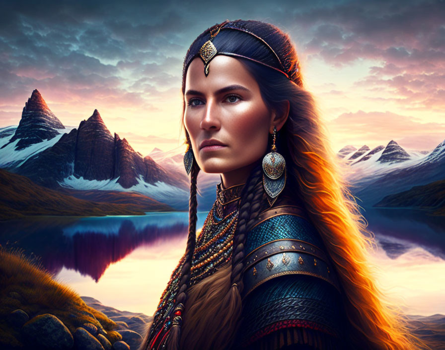 Medieval warrior woman in regal attire against mountain and lake backdrop