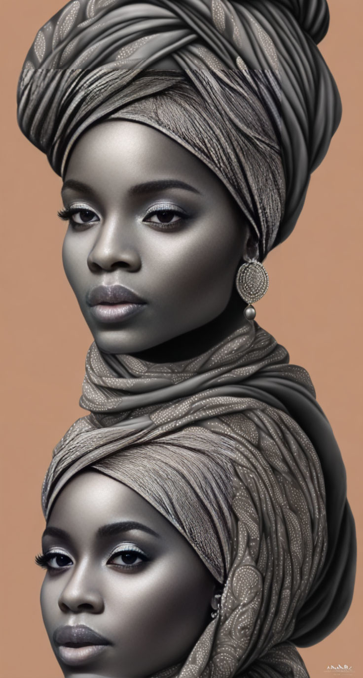 Colorful digital portrait of a woman with headwrap and earring, featuring detailed textures and patterns