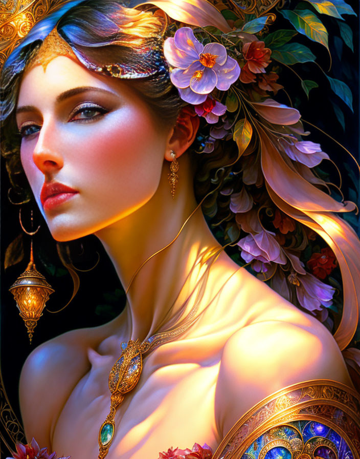 Ethereal woman with floral headpiece and golden jewelry exudes regal aura