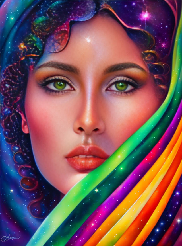 Vibrant digital artwork of woman with cosmos and rainbow themes