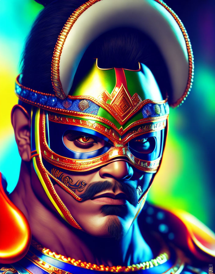 Colorful digital portrait of figure in traditional Asian warrior makeup & headdress with intense lighting.