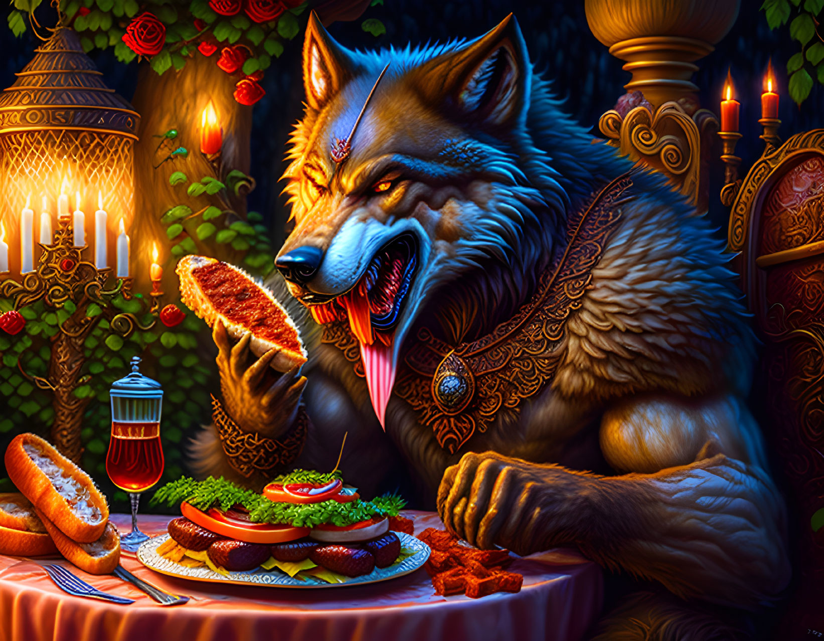 Anthropomorphic wolf dining in lavish setting with steak and sausages