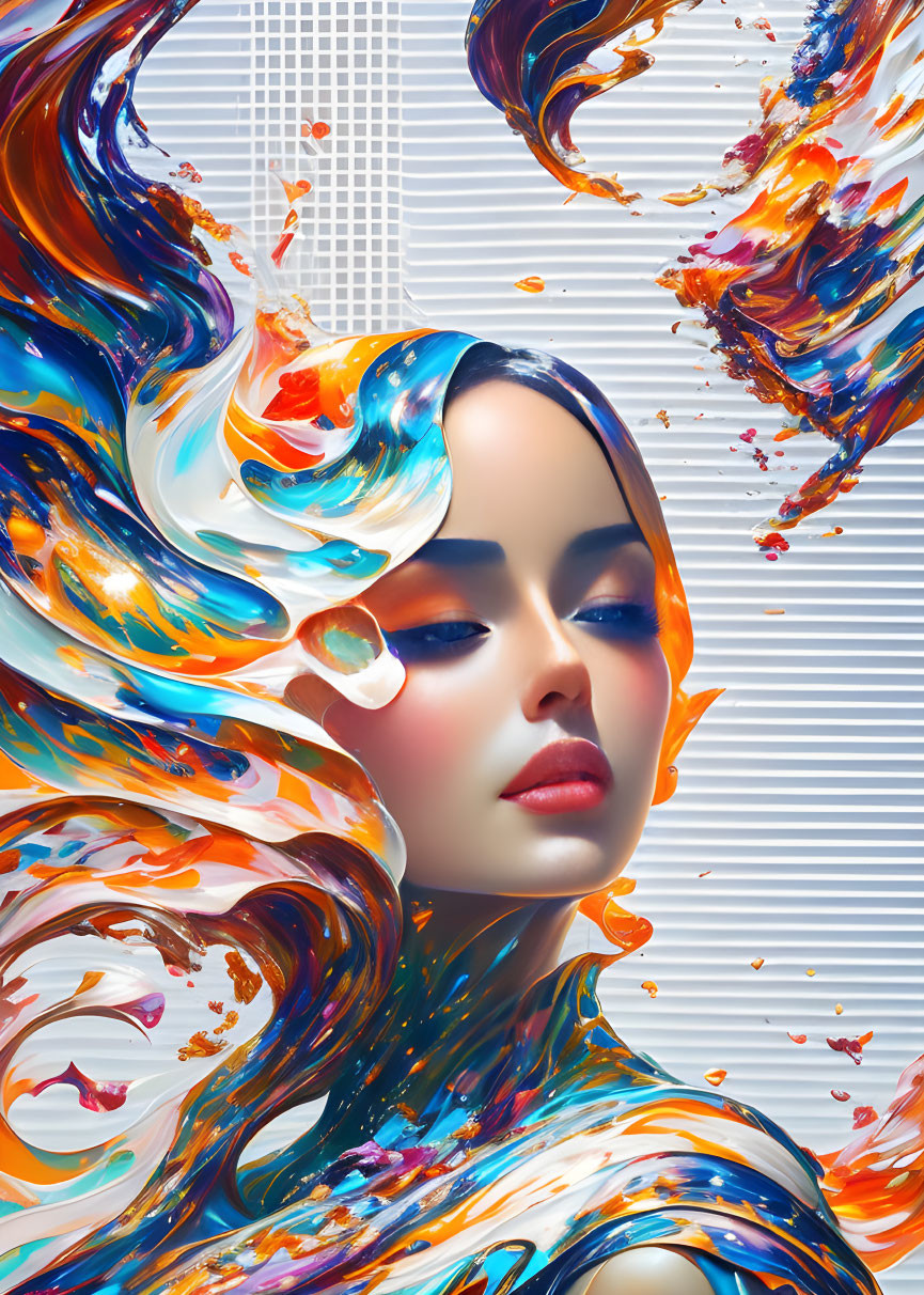 Colorful digital artwork of a woman with flowing hair and abstract swirls on a striped background