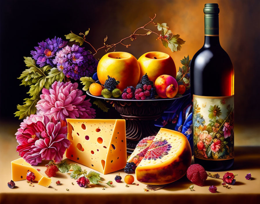 Vibrant still life with wine, cheese, fruits, and flowers on dark background