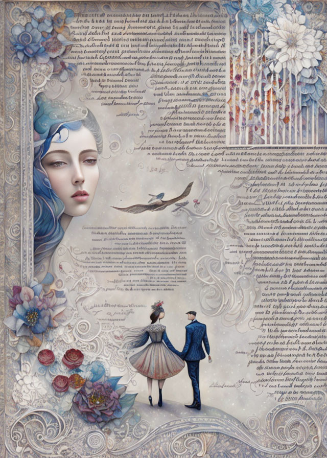 Whimsical Illustration of Serene Woman and Couple