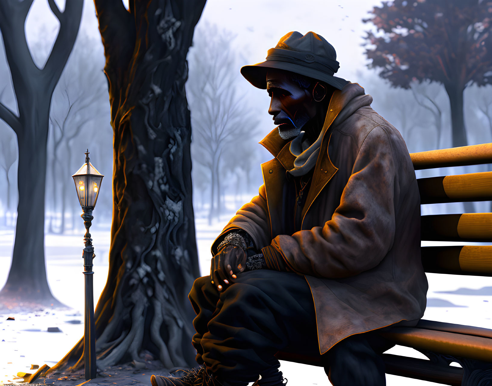 Man in jacket and hat on park bench near lit lamp post in foggy, tree-lined setting