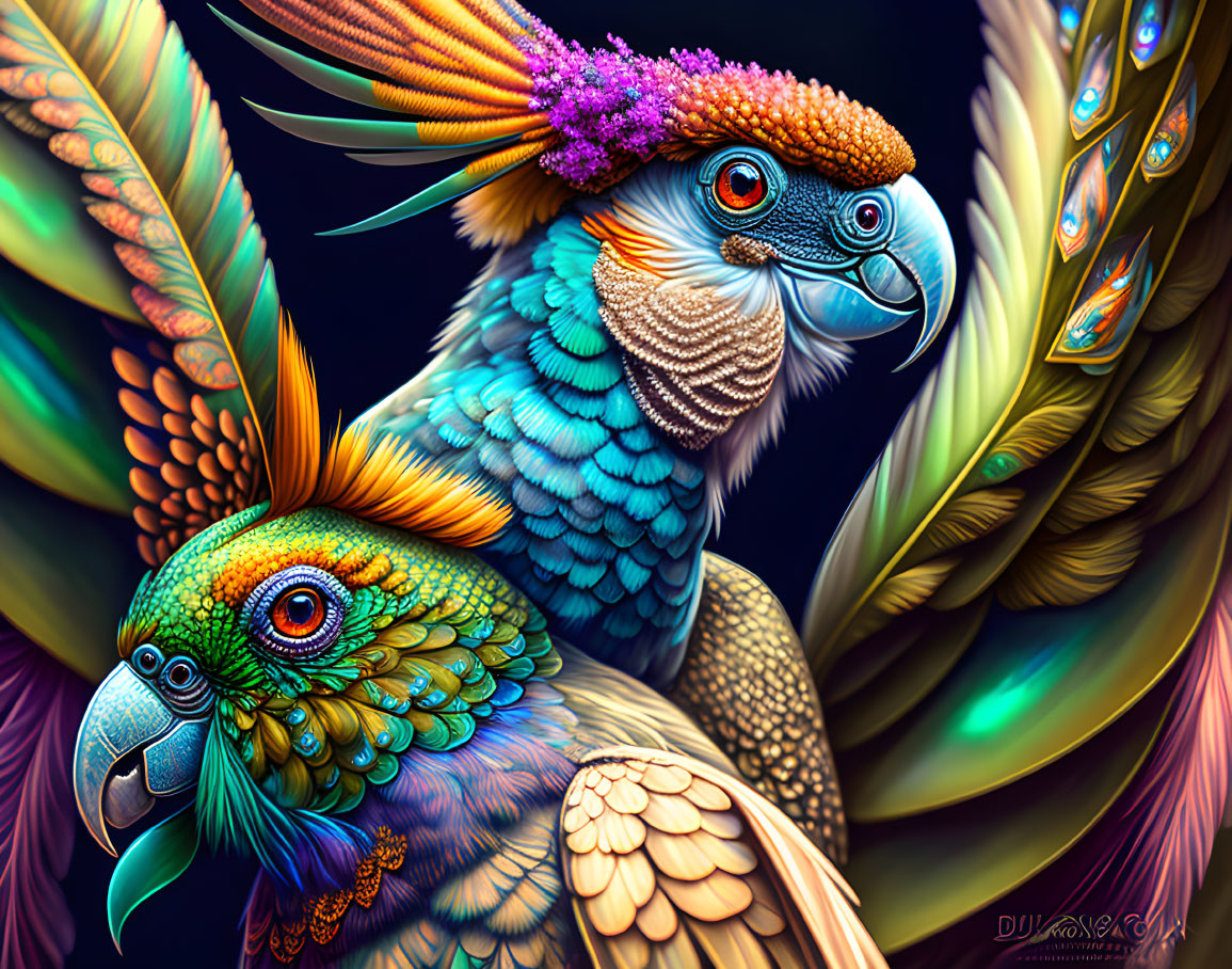 Colorful Digital Art: Stylized Birds with Detailed Feathers & Eyes