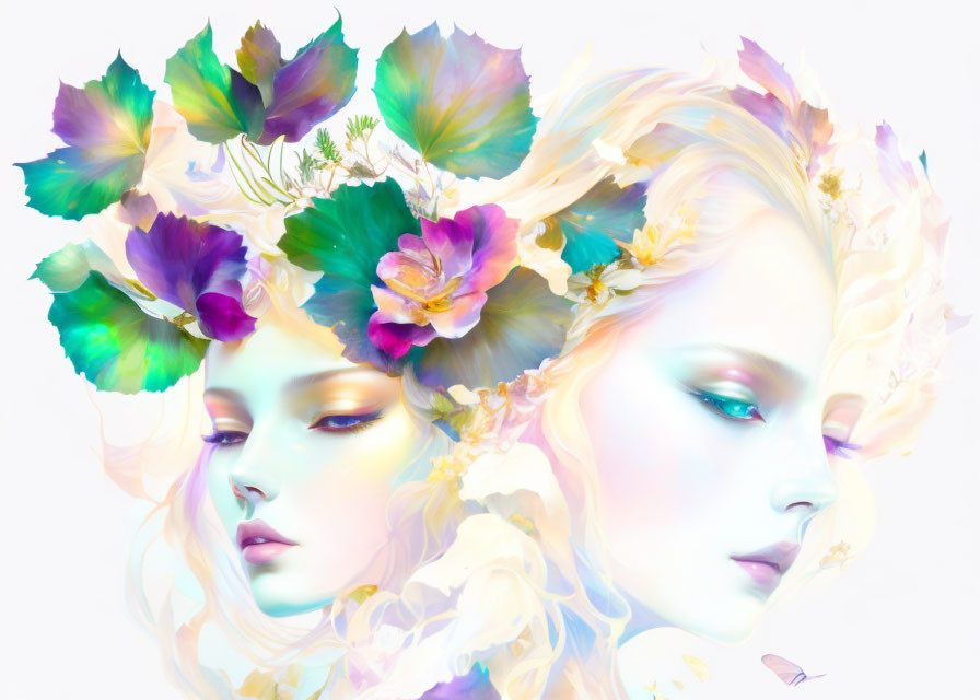 Digital artwork: Mirrored female faces with floral crown