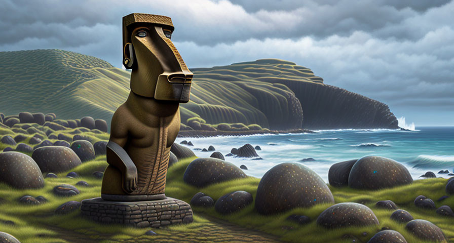 Digital illustration of Moai statue in coastal landscape with hills & sea.