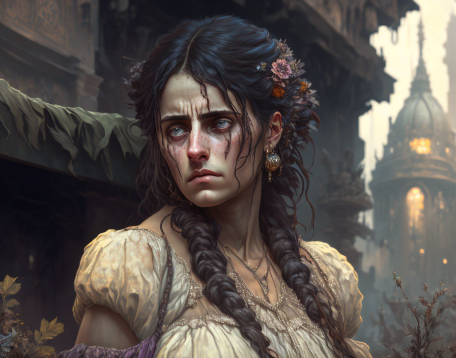 Young woman with braided hair and flowers, looking worried against gothic backdrop