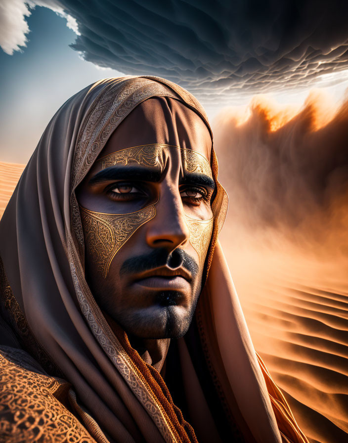 Intense-eyed man in traditional headdress against desert sky