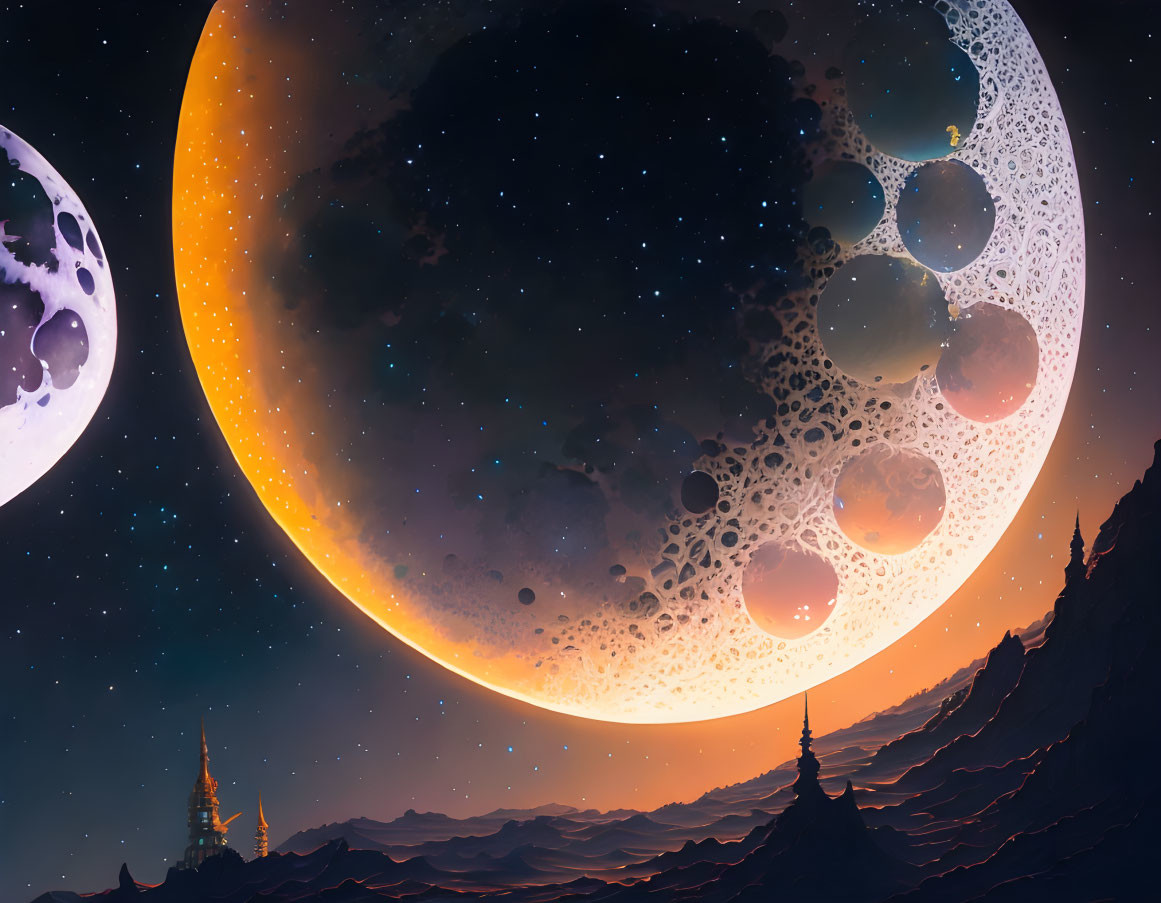 Fantastical landscape with multiple moons and starlit sky over silhouetted mountains