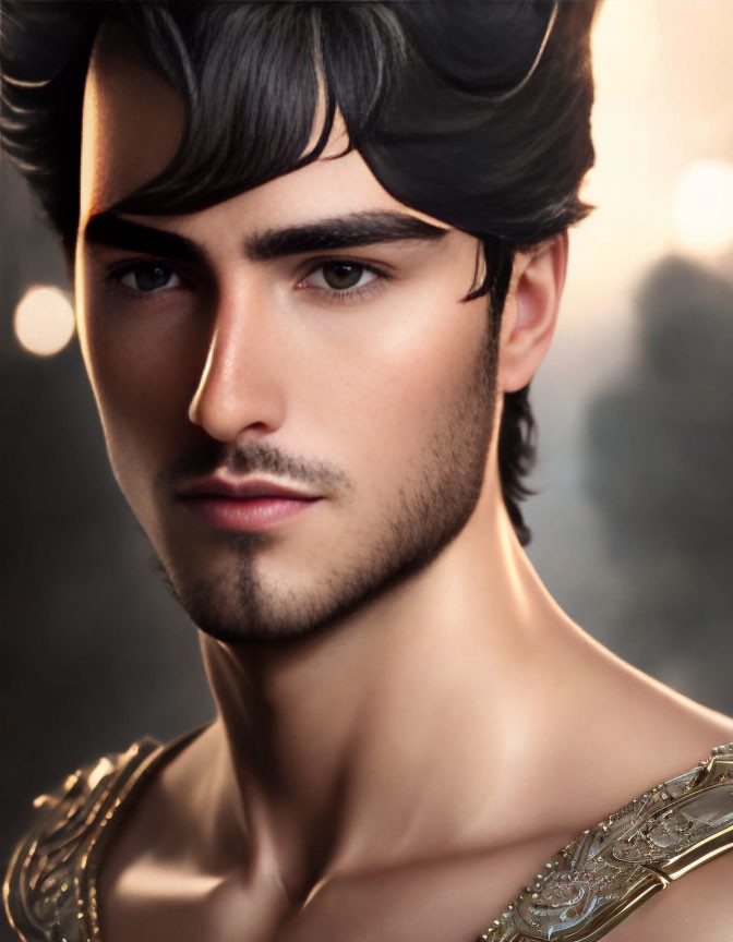 Young man with dark hair and headband in digital portrait against soft background