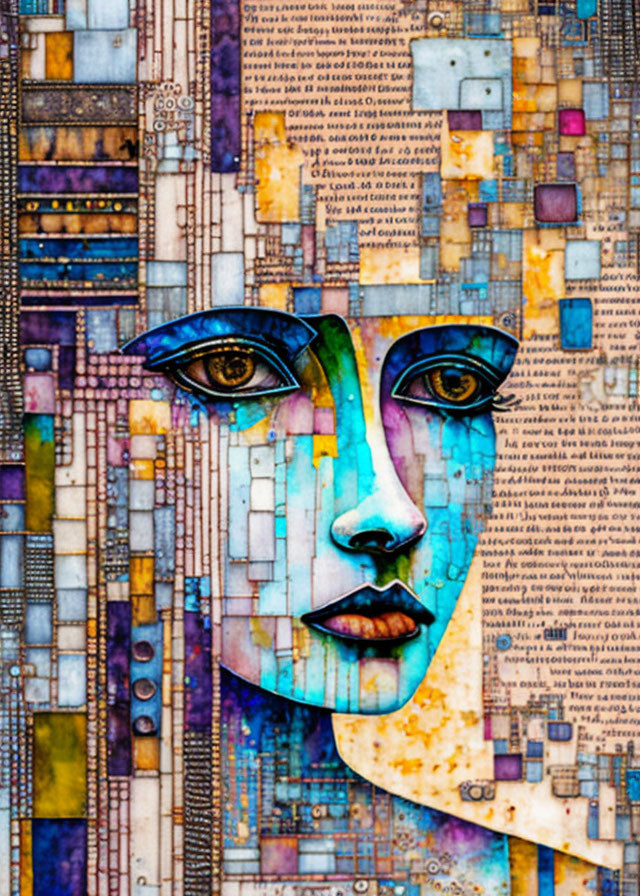 Vibrant mosaic art of a woman's face with striking eyes and geometric designs