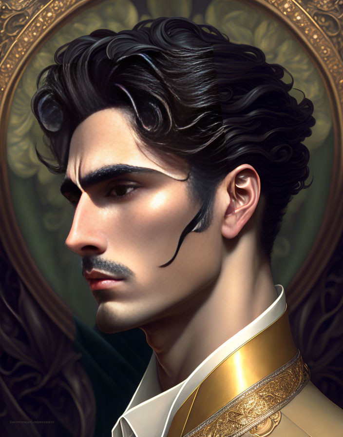 Digital portrait of man with dark wavy hair and moustache in regal attire.