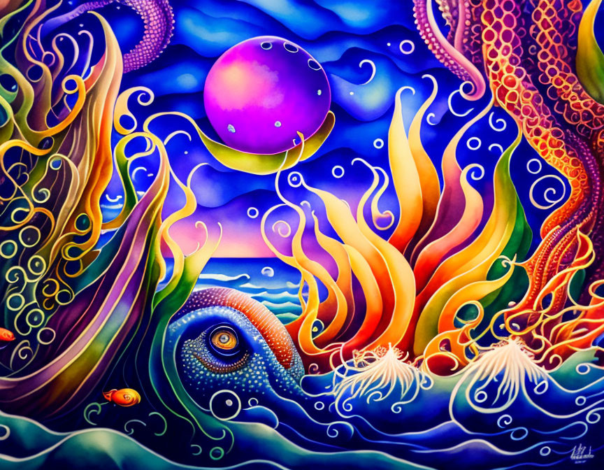 Colorful psychedelic aquatic illustration with purple octopus, coral structures, stylized eye, and floating pink