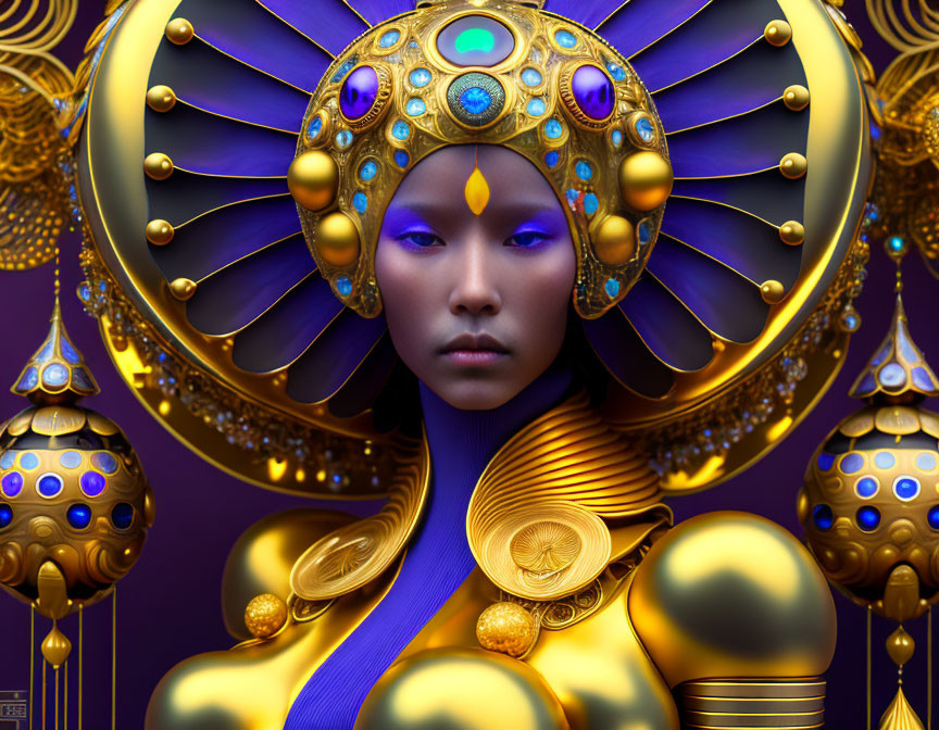 Purple-skinned woman with ornate golden headgear and mystical aura.