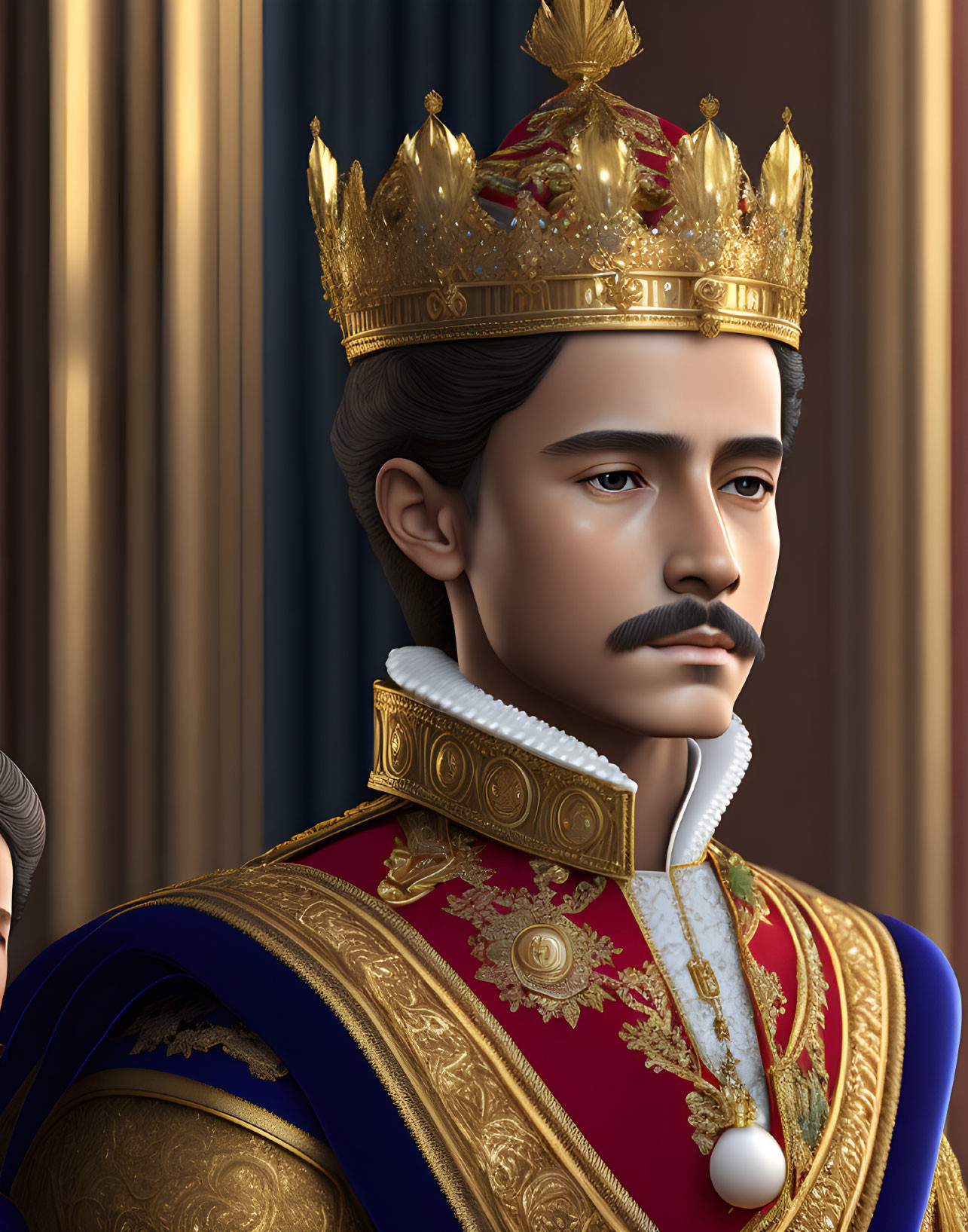 Regal man with mustache in golden crown and royal attire