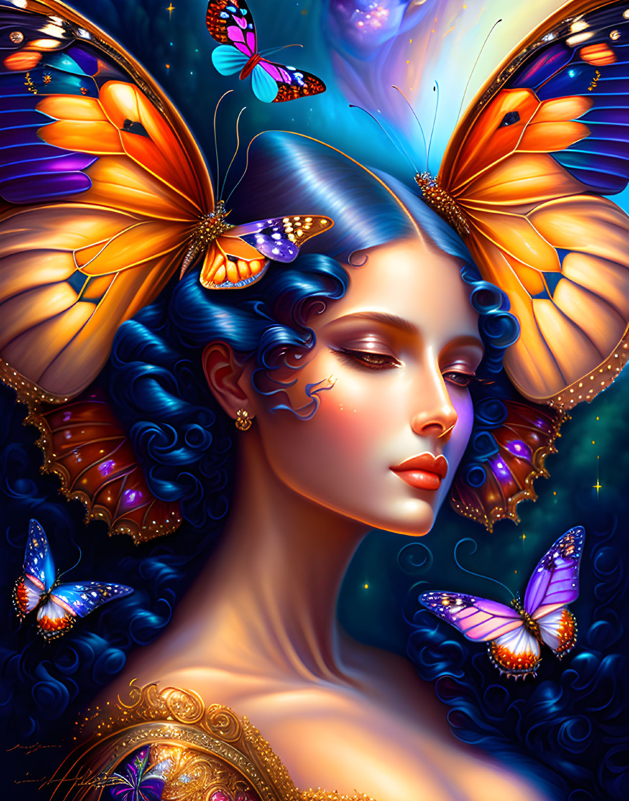 Colorful digital artwork of woman with butterfly wings amidst vibrant butterflies on blue background