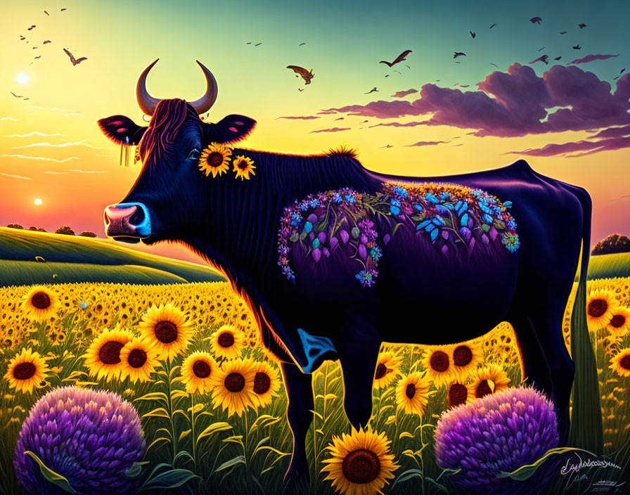 Colorful Cow Illustration in Sunflower Field at Sunset