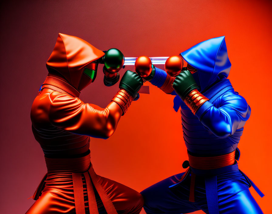 Red and blue ninja outfits in mock battle with glowing sticks on red background