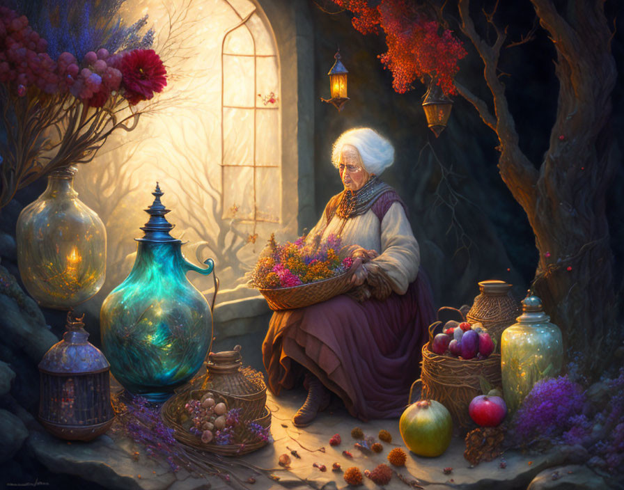 Elderly woman with lanterns, flowers, and fruits by window