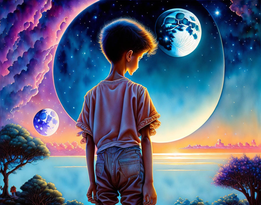 Young boy gazes at surreal cosmic landscape with moon and planets