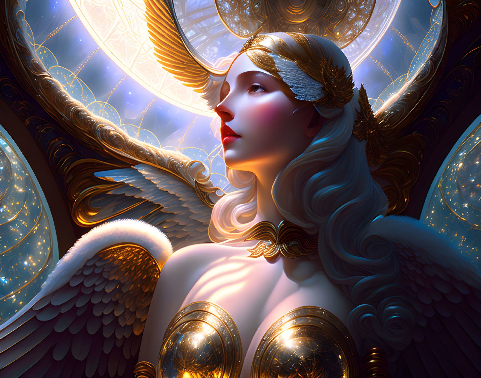 Celestial being in golden armor with wings, set against cosmic backdrop