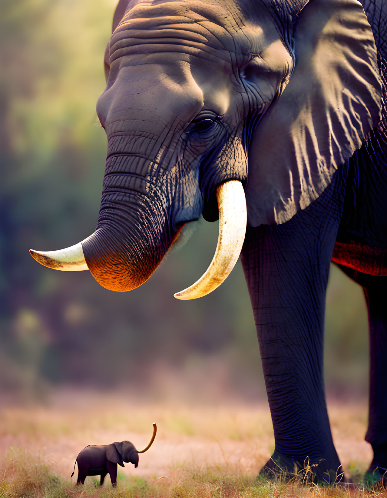 Adult Elephant with Tusks Protecting Calf in Natural Setting