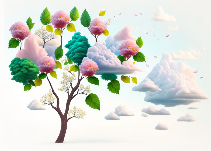 Colorful tree illustration with cloud branches and flower-like treetops under serene sky