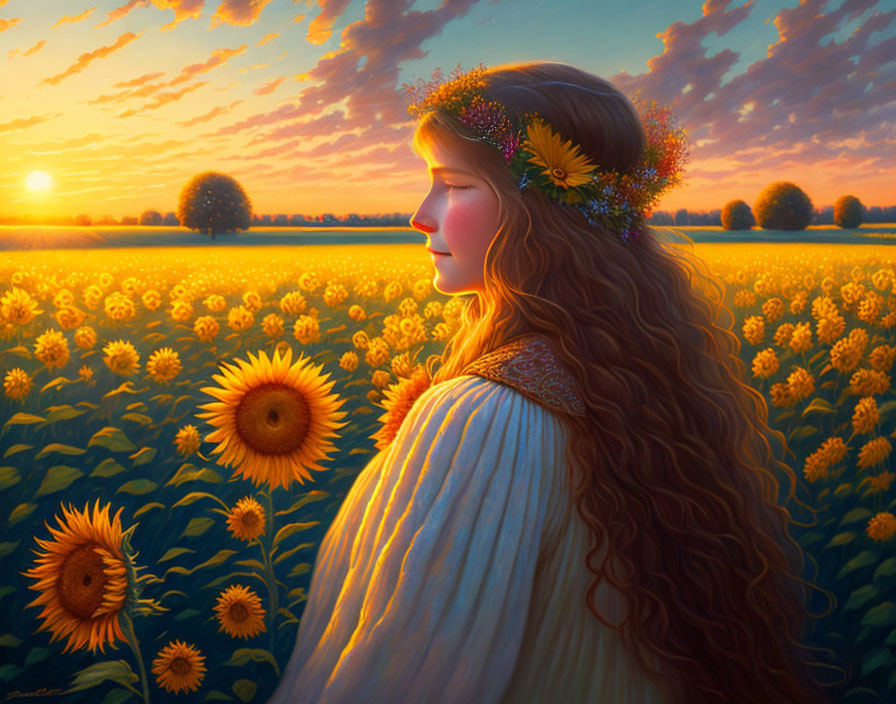 Woman in flower crown surrounded by sunflowers at sunset