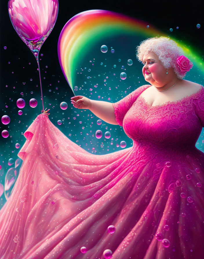 Colorful woman in pink dress with bubble, rainbow, and bubbles in background