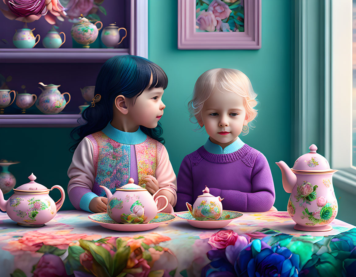 Animated children having a pretend tea party with floral tea set on vibrant, colorful table